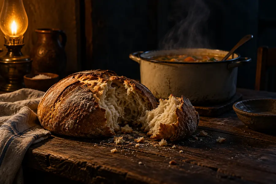 A loaf of bread broken open on a wooden table beside a pot of soup, in lamplight.