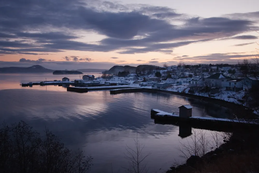 Springdale at dusk in early winter: houses along the harbour, snow on the wharves, the sky reflected in still water.