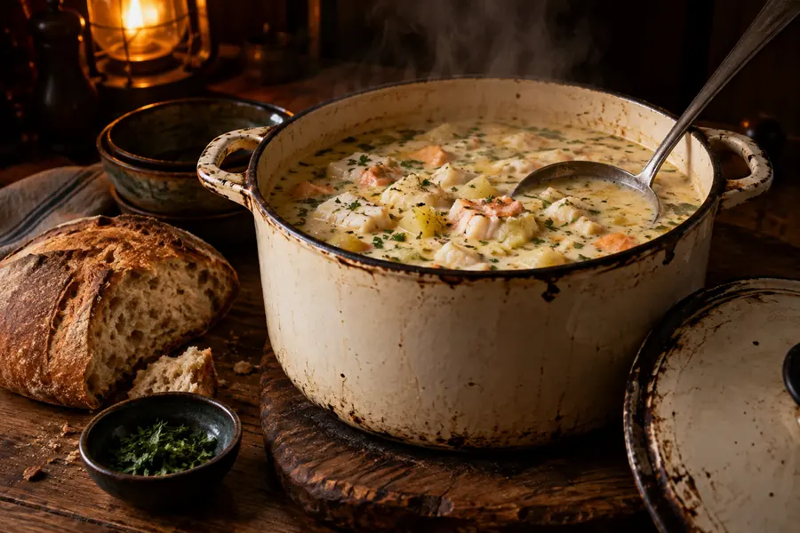 A big pot of fish chowder on a wooden table beside a loaf of bread, steam rising in lamplight.