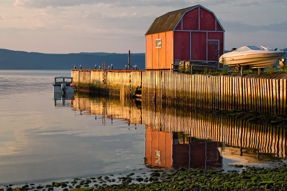 The Springdale waterfront in evening light: a red fishing store on a wooden wharf, reflected in the still harbour.