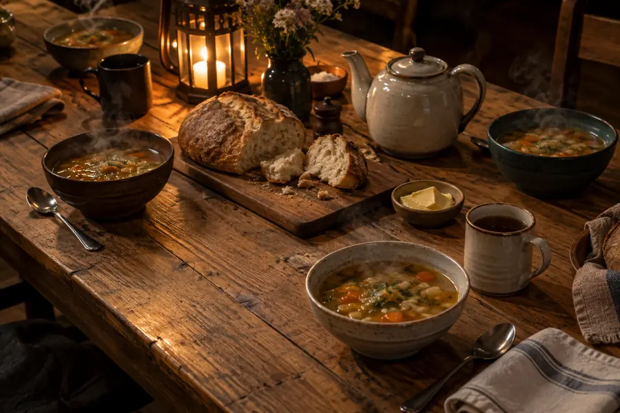 A long wooden table set for a shared supper: bowls of soup, a torn loaf, a teapot and mugs, in lamplight.